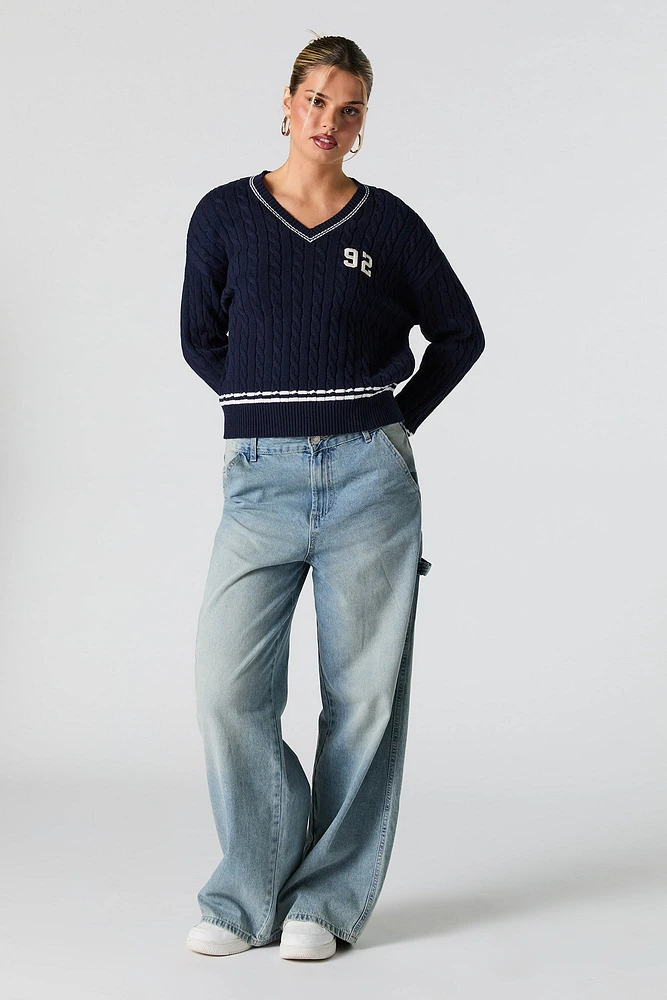 Number Embroidered Cable Knit Sweater