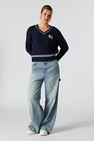 Number Embroidered Cable Knit Sweater