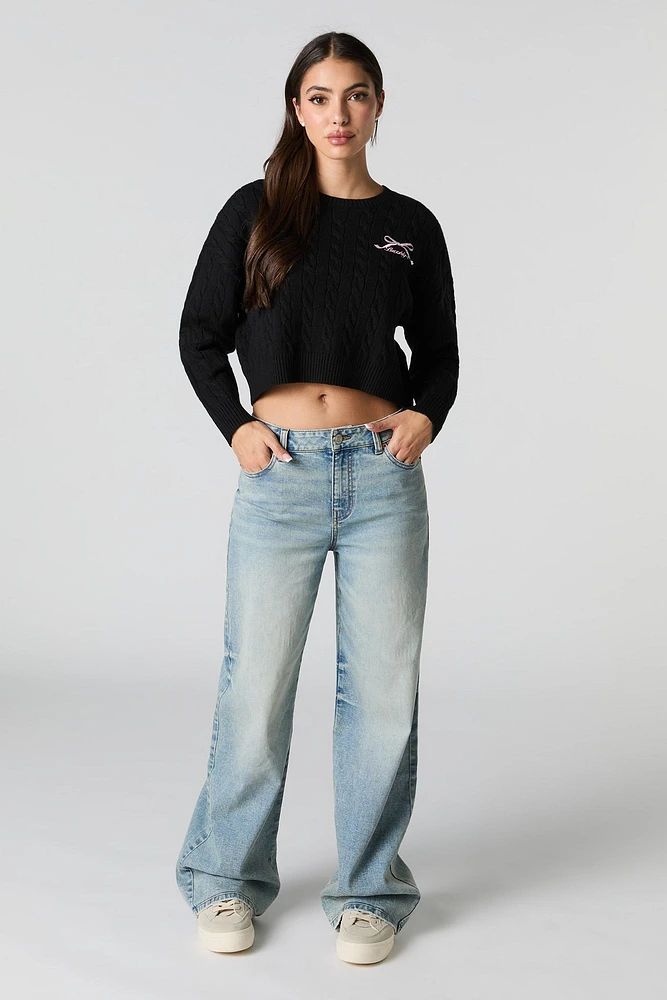 Embroidered Cable Knit Cropped Sweater