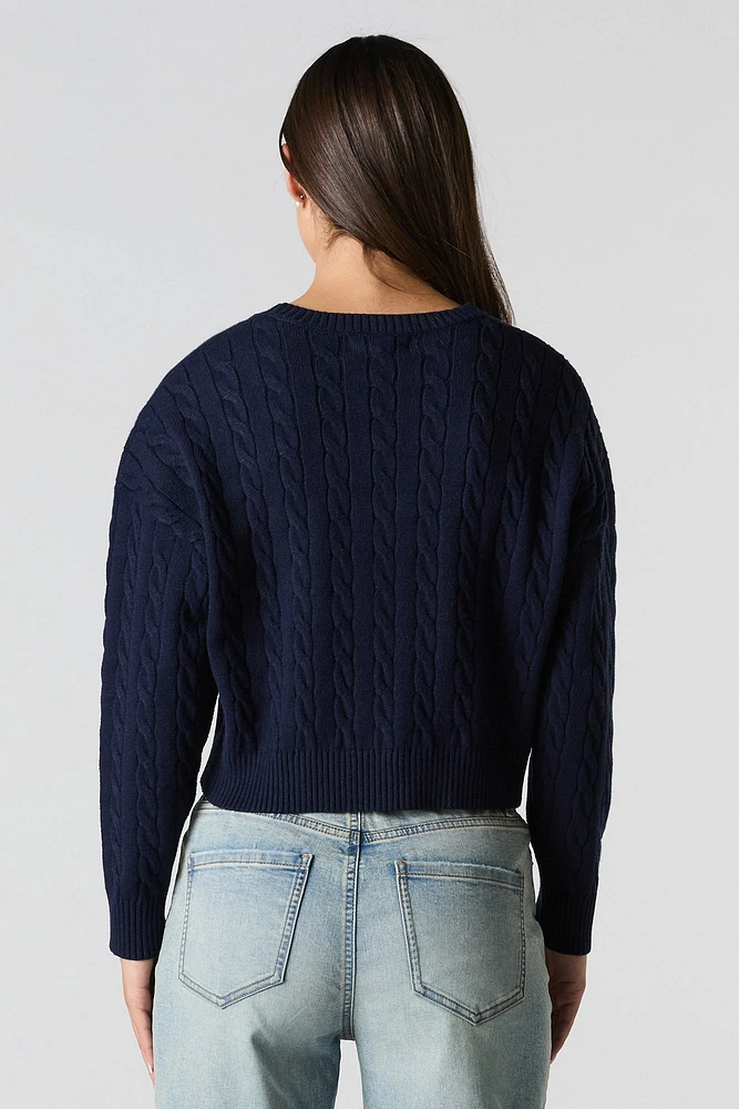 Embroidered Cable Knit Cropped Sweater