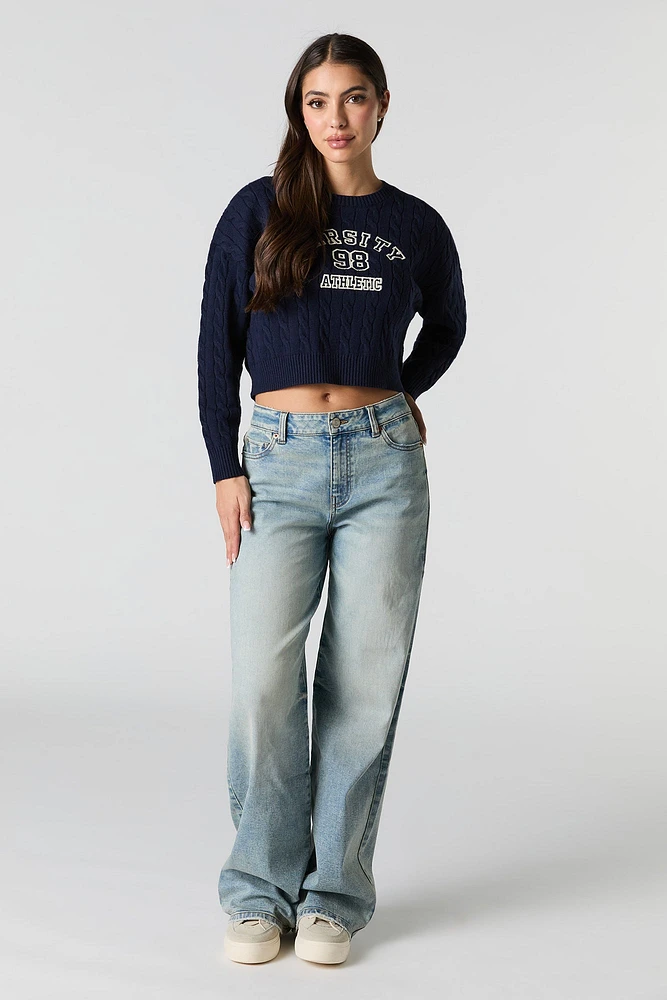 Embroidered Cable Knit Cropped Sweater