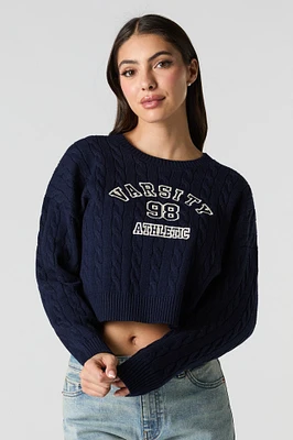 Embroidered Cable Knit Cropped Sweater