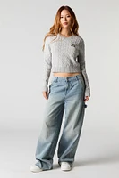Embroidered Cable Knit Cropped Sweater