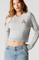 Embroidered Cable Knit Cropped Sweater