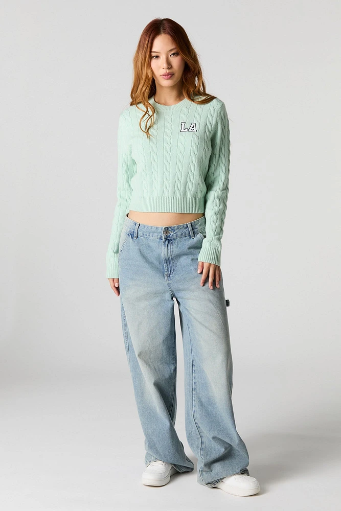 Embroidered Cable Knit Cropped Sweater