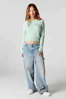 Embroidered Cable Knit Cropped Sweater