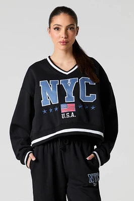 Embroidered V-Neck Contrast Striped Fleece Sweatshirt