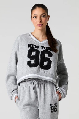 Embroidered V-Neck Contrast Striped Fleece Sweatshirt
