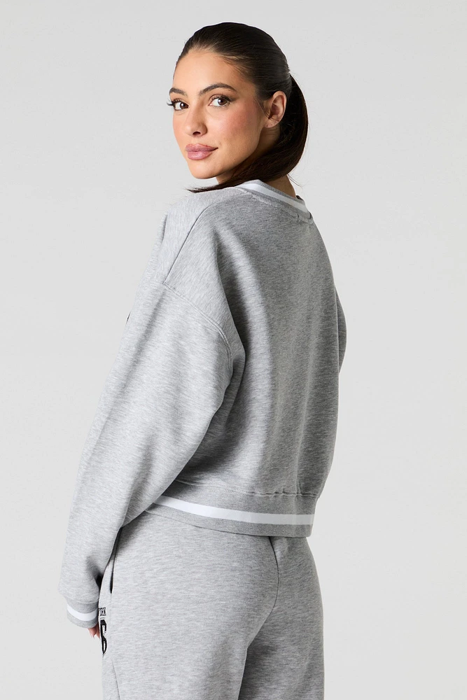 Embroidered V-Neck Contrast Striped Fleece Sweatshirt