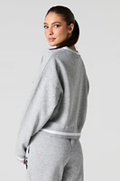 Embroidered V-Neck Contrast Striped Fleece Sweatshirt