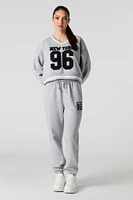Embroidered V-Neck Contrast Striped Fleece Sweatshirt