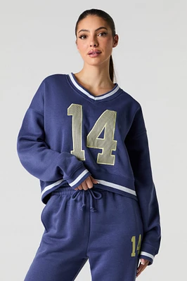 Embroidered V-Neck Contrast Striped Fleece Sweatshirt