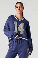 Embroidered V-Neck Contrast Striped Fleece Sweatshirt