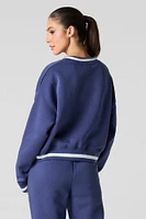 Embroidered V-Neck Contrast Striped Fleece Sweatshirt