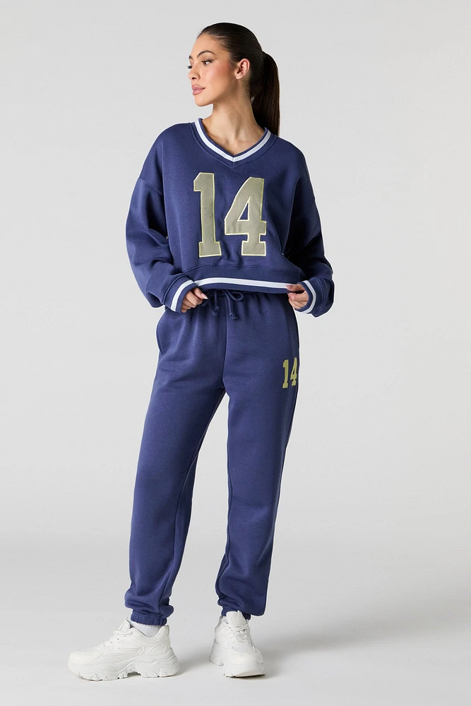 Embroidered V-Neck Contrast Striped Fleece Sweatshirt