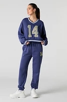 Embroidered V-Neck Contrast Striped Fleece Sweatshirt