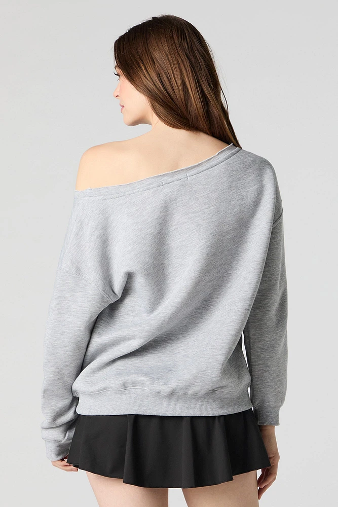 Embroidered Off Shoulder Fleece Sweatshirt