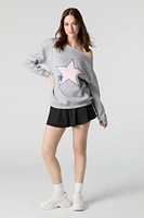 Embroidered Off Shoulder Fleece Sweatshirt