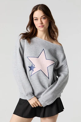 Embroidered Off Shoulder Fleece Sweatshirt