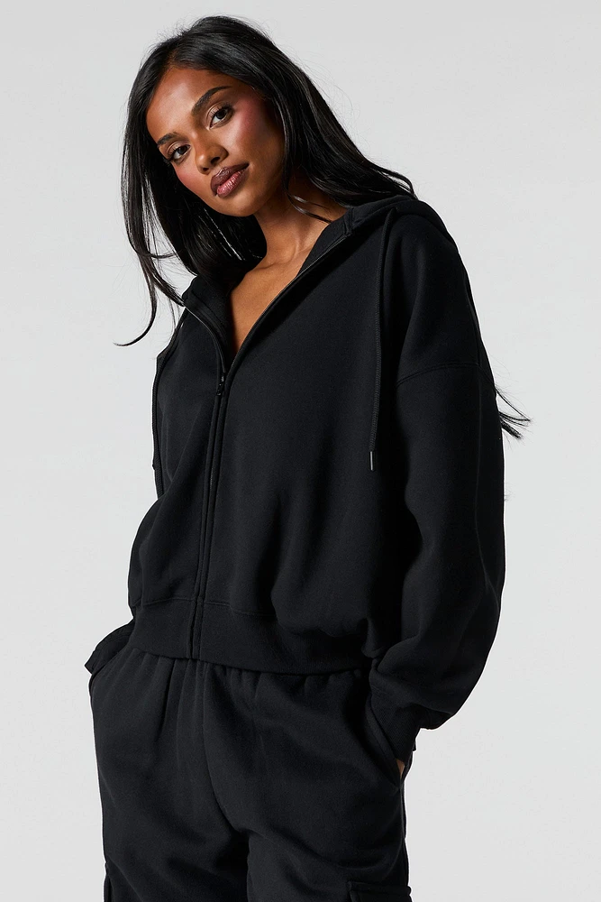 Boxy Zip-Up Fleece Hoodie