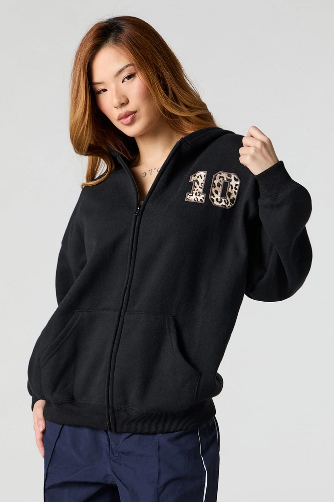 Oversized Printed Zip-Up Fleece Hoodie