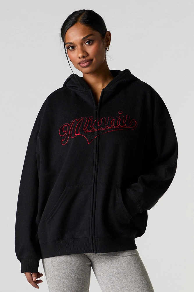 Oversized Embroidered Fleece Zip-Up Hoodie