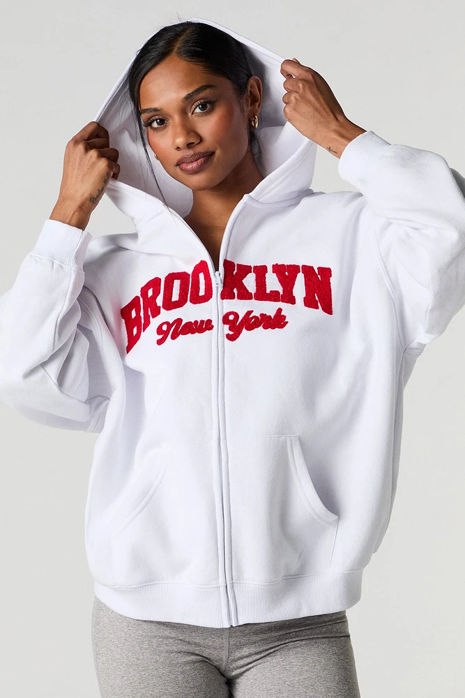 Oversized Embroidered Fleece Zip-Up Hoodie