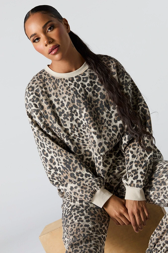 Oversized Cheetah Print Fleece Sweatshirt