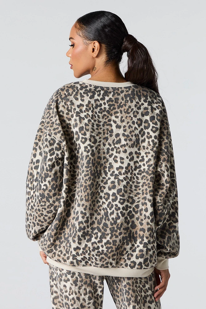 Oversized Cheetah Print Fleece Sweatshirt