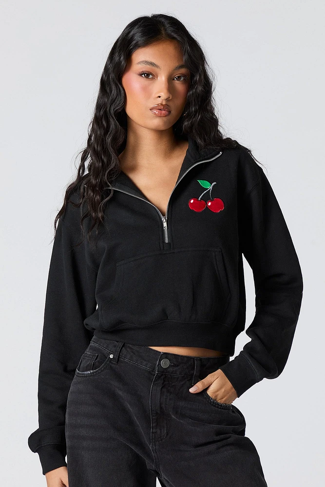 Twill Embroidered Quarter Zip Fleece Sweatshirt