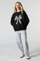 Oversized Cutesy Graphic Rhinestone Fleece Sweatshirt