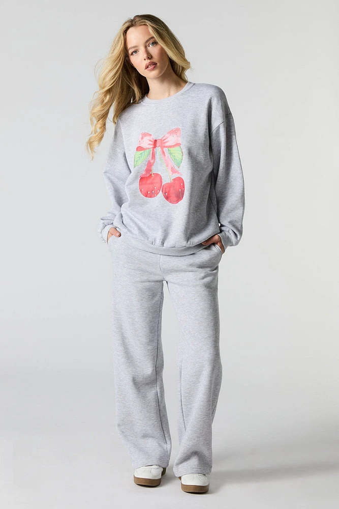 Oversized Cutesy Graphic Rhinestone Fleece Sweatshirt