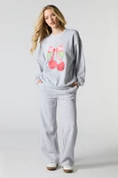 Oversized Cutesy Graphic Rhinestone Fleece Sweatshirt