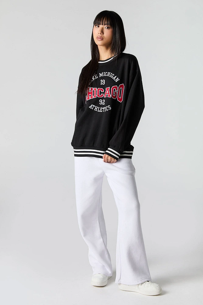 Embroidered Striped Trim Fleece Sweatshirt