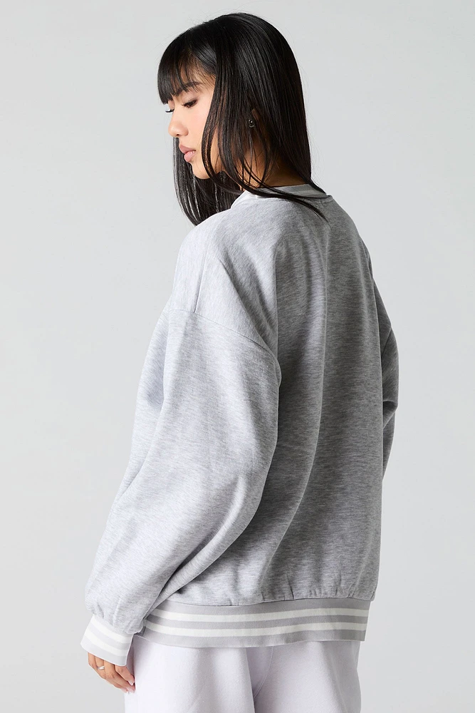 Embroidered Striped Trim Fleece Sweatshirt