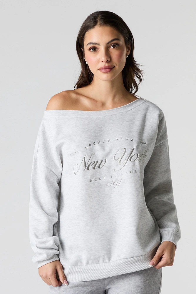 City Embroidered Off Shoulder Fleece Sweatshirt