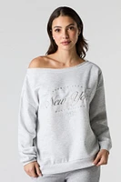 City Embroidered Off Shoulder Fleece Sweatshirt