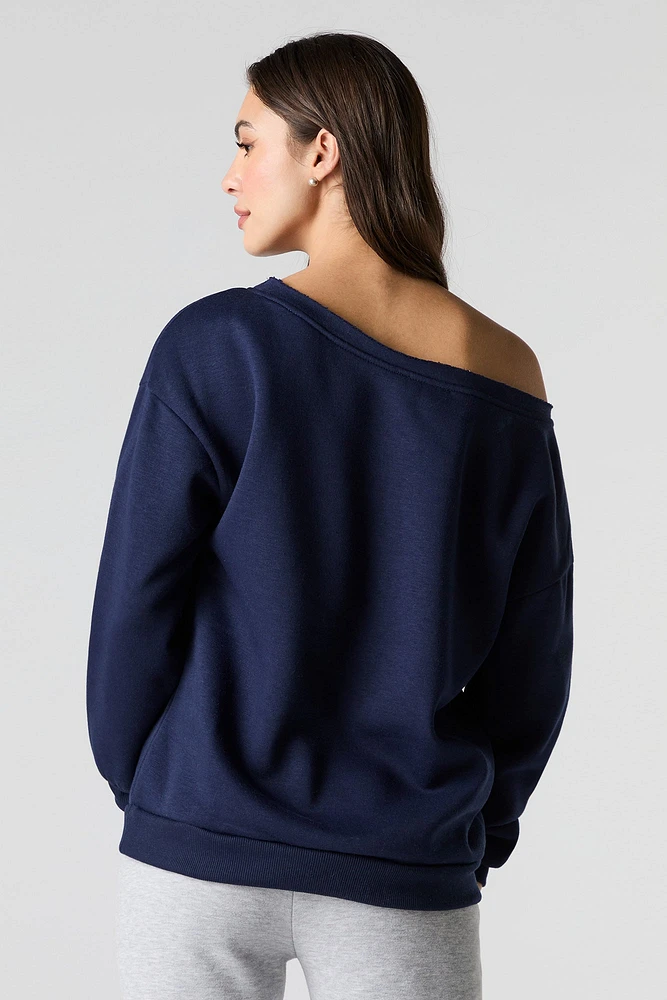 City Embroidered Off Shoulder Fleece Sweatshirt