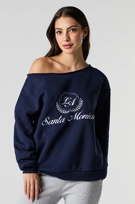City Embroidered Off Shoulder Fleece Sweatshirt