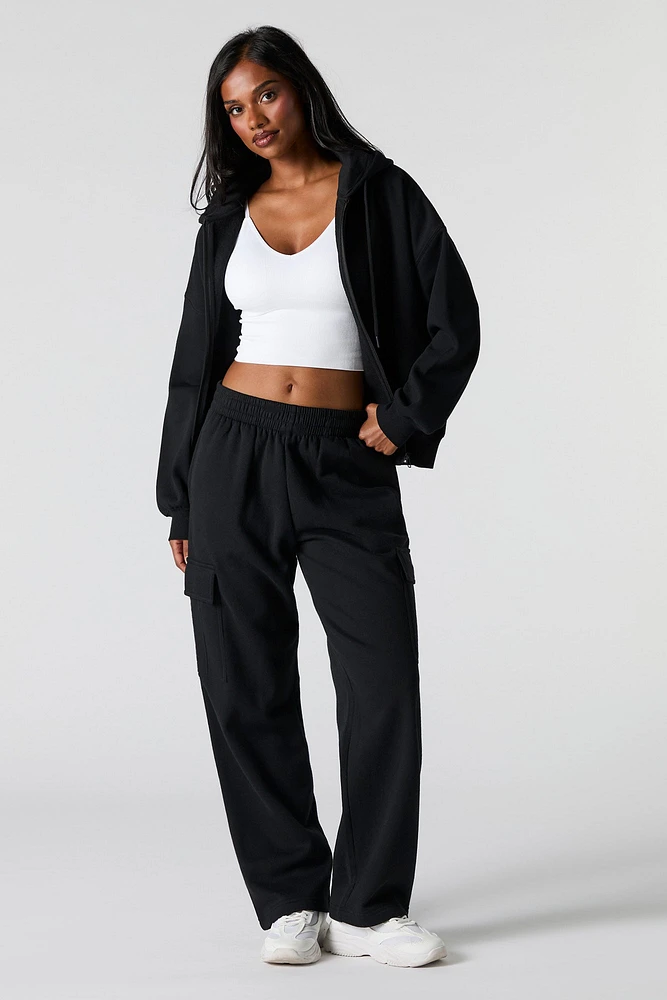 Solid Wide Leg Fleece Cargo Sweatpant