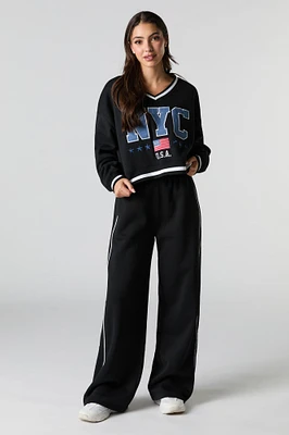 Side Piped Wide Leg Fleece Sweatpant