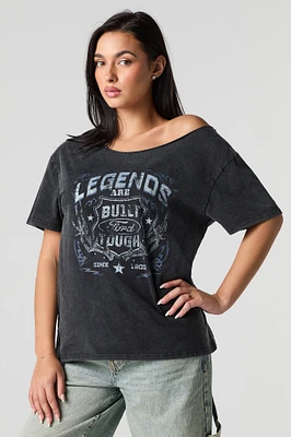 T-shirt délavé à imprimé Ford Legends avec épaules dénudées