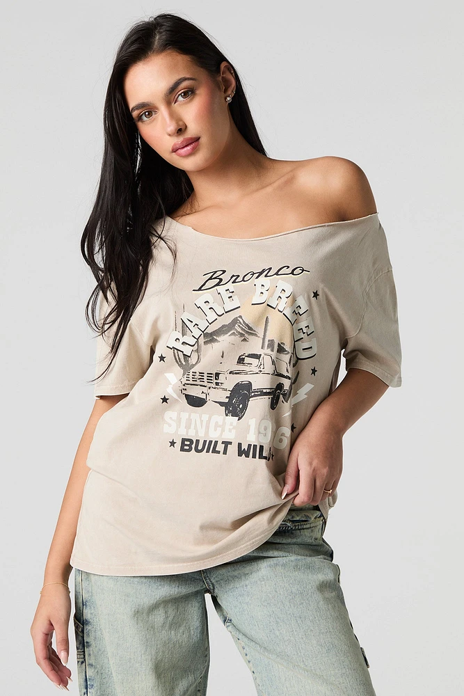 T-shirt délavé à imprimé Ford Bronco avec épaules dénudées