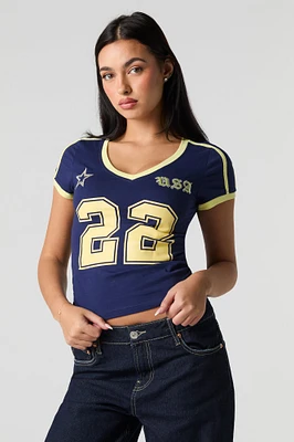 Sporty Graphic V-Neck Ringer T-Shirt