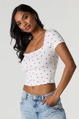 Ribbed Square Neck Rosette Cropped T-Shirt