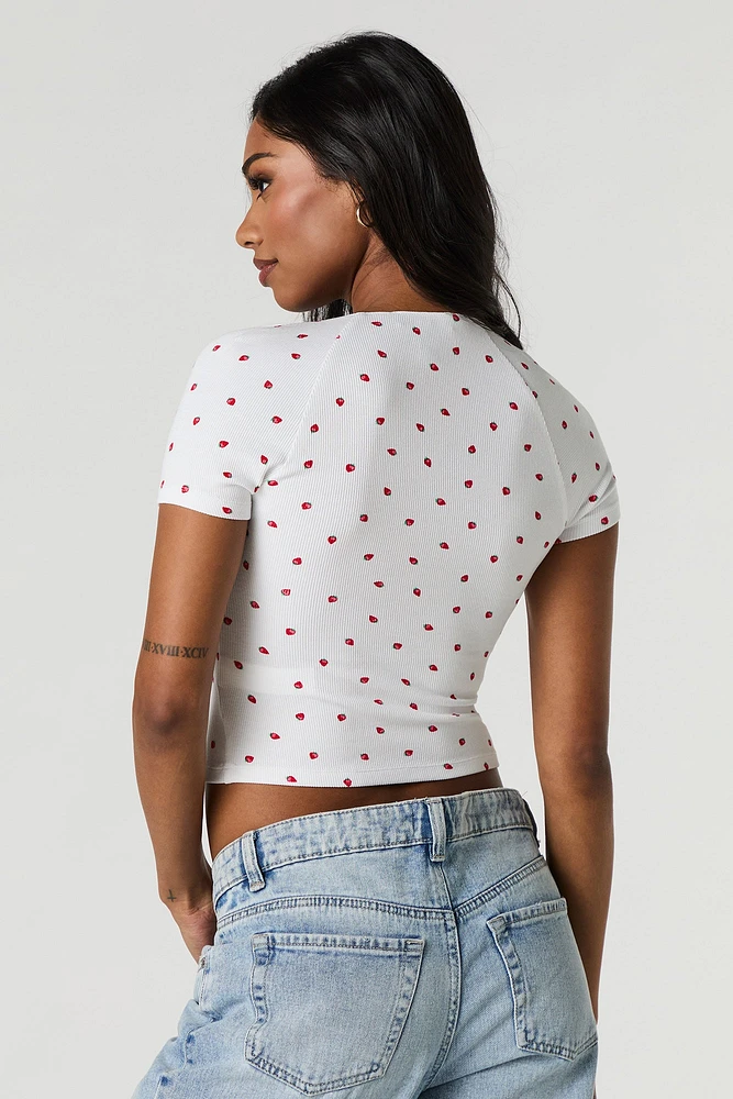 Ribbed Square Neck Rosette Cropped T-Shirt