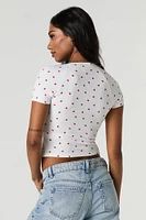 Ribbed Square Neck Rosette Cropped T-Shirt