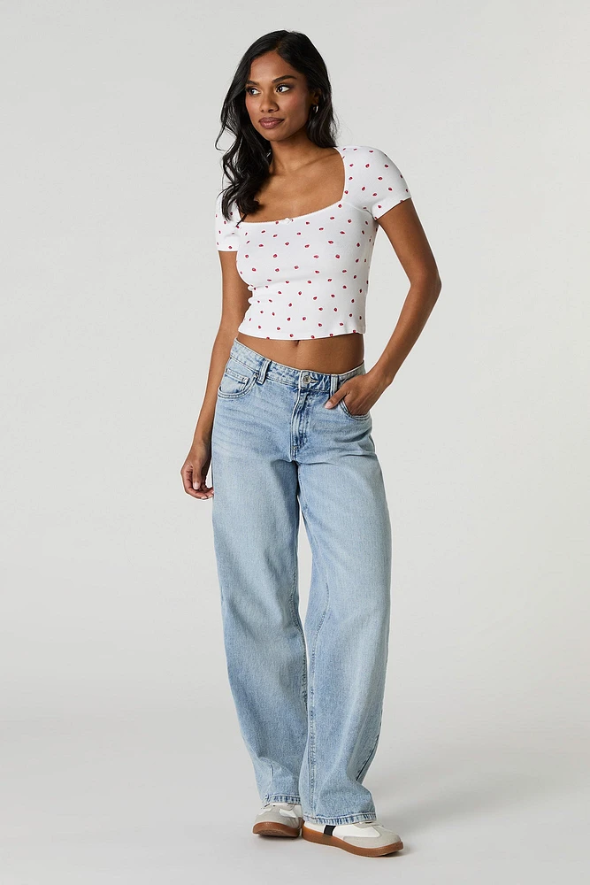Ribbed Square Neck Rosette Cropped T-Shirt