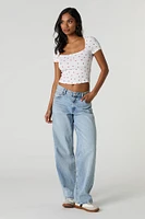 Ribbed Square Neck Rosette Cropped T-Shirt
