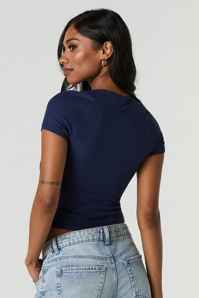 Ribbed Square Neck Rosette Cropped T-Shirt